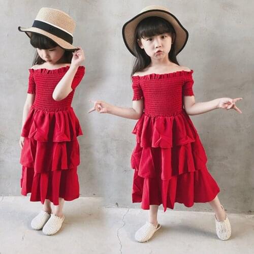Kids Dress for Girls Hot Red Shoulderless Children Party Perform Dress Kids Princess Dress Vestidos for Girls 4 6 7 9 11 14 Year