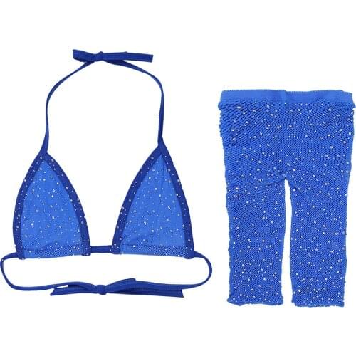 Women Sparkle Glitter Rhinestone Mesh Transparent Fishnet Erotic Sexy Lingerie Set Halter Bra Top Shorts Swimwear Beach Bikini