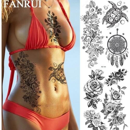 FANRUI Sexy Flower Rose Temporary Tattoos For Adult DreamCatcher Black Henna Tattoos Sticker Waterproof Body Art Arm Tatoo Women