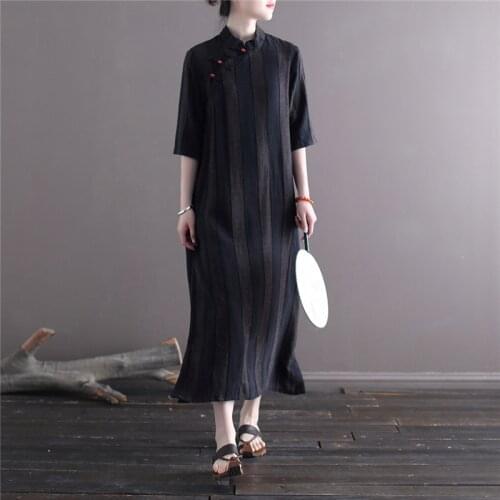 Johnature Chinese Style Summer Dress For Women Striped Stand Button Cotton Linen Cheongsam 2021 New Half Sleeve A-Line Dresses