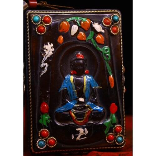 3"Chinese Folk Collection Old Natural horns Tracing mosaic gem Dzi Bead Amitabha Sakyamuni Pendant amulet Town House