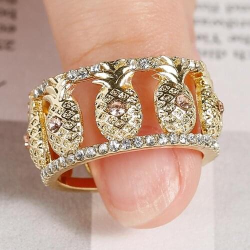 Creative Lovely Full Circle Small Pineapple Two-Tone Crystal Rings for Women Engagement Party Wedding Jewelry Hand Accessories