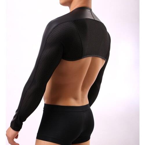 Man T Shirts Black Faux Leather Mesh Men Funny Crop Tops/Gay Sexy Nylon Spandex Long Sleeves Wrestling Shirts