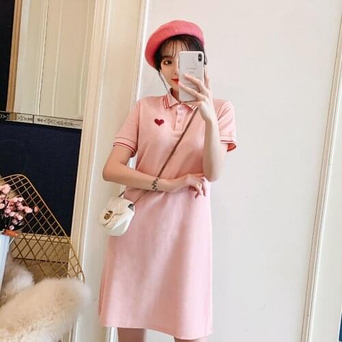019# Maternity Clothes Summer Cotton Turn Down Collar T shirt Short Sleeves Loose Stylish Dress Pregnant Women Mom Dress