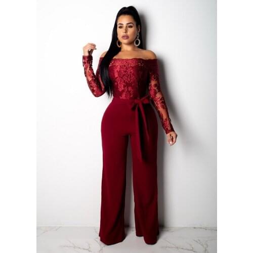 OKAYOASIS 7 Colors 2019 Newly Sexy Women Strapless Wide Leg Elegant Straight Jumpsuit Office Lady Lace Autumn Jumpsuit