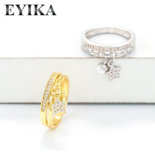 EYIKA New Pearl And Star Pendant Copper Zircon Rings Link Chain Double Layer Female Finger Rings for Girlfriend Valentines Gift