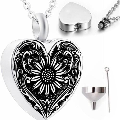 Funeral Sunflower Urn Necklace for Ashes - Stainless Steel Cremation Jewelry Heart Memorial Ash Pendant Bereavement Keepsake