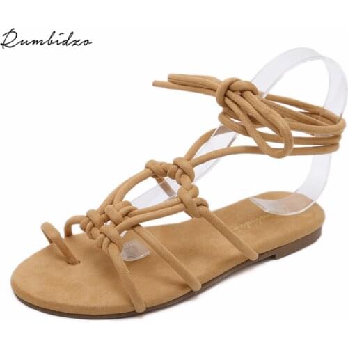 Rumbidzo 2018 Hot Women Sandals Brown Color Flat Sandals Women Summer Beach Gladiator Sandalias Knitting Knot Shoes