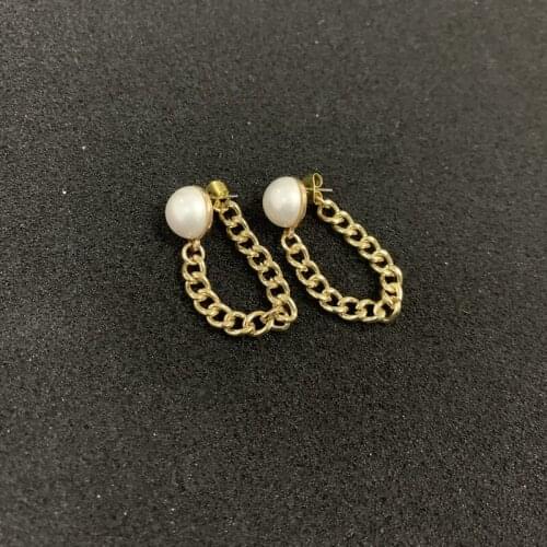 SRCOI Trendy Geometric Metal Link Chain Tassel Dangle Earrings Simple Fashion Imitation Pearls Women Girls Party Jewelry