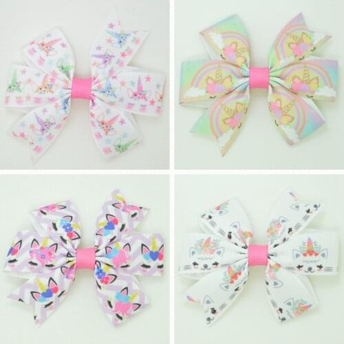 SUPWRF 3.1'' Unicorn Cute animal cute Girls Hair Bow With Clip Boutique Printed Ribbon headwear diy wholesale 20 PCS T0929