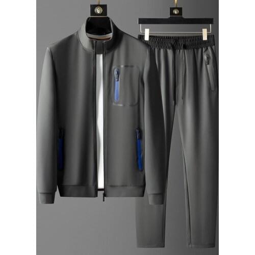 New Stand Collar Mens Sets 2 Pieces High Quality Blue Zipper Casual Sport Male Sweatshirts Elastic Waist Slim Fit Man Pants 3XL