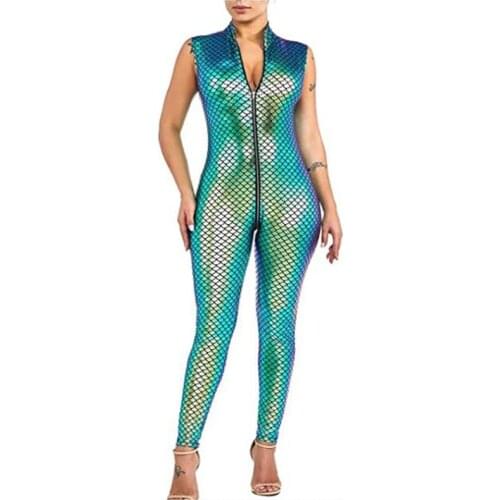 14 Colors Mermaid Cosplay Costume Colorful Sleeveless Jumpsuit Fish Scale Print Nightclub Catsuit Front Zipper To Crotch Romper