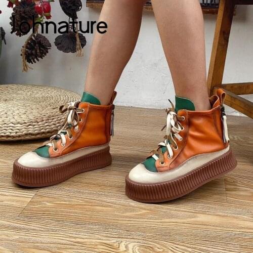 Johnature Genuine Leather Shoes Women Boots Mixed Colors Leisure Lace-up Round Toe Retro 2021 New Autumn Handmade Platform Boots