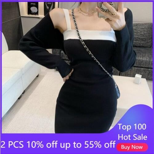 Two pieces women sets autumn fashionable short sleeve slim knitting midi dress + cardigan coats 8592