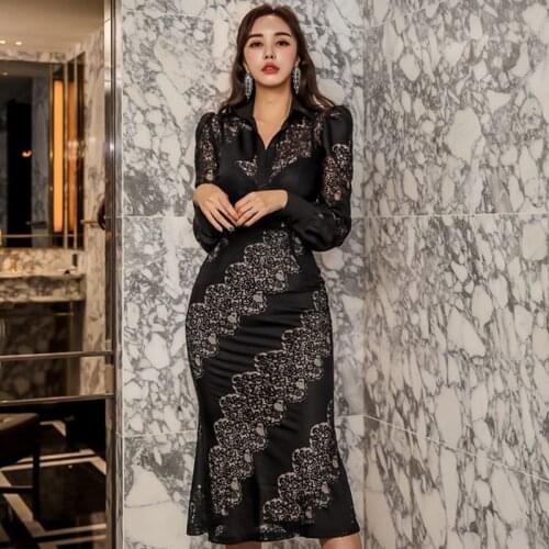 New arrival elegant lace perspective shirt and trumpet skirt high quality simple work style outdoor black 2 pieces OL women sets