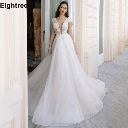Eightree Elegant Dotted Tulle Wedding Dresses Deep V Neck Tassel Bridal Gowns Cap Sleeves Backless Bride Dress Vestido de Noiva