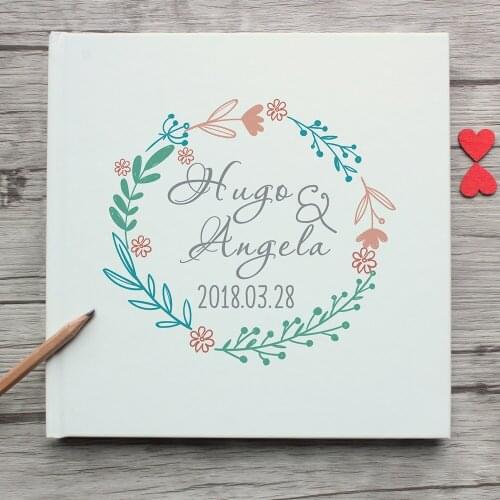Personalized White Wedding Guest Book Padded Hardcover Wreath Bride And Grooms Name And Wedding Date,Custom Wedding Guest Book