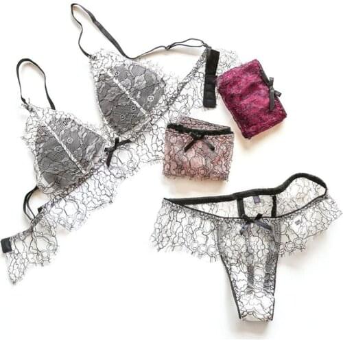 Womens Sexy Lingerie Sets French Triangle Cup Lace Sexy Thin Hollow Out Bras Without Steel Ring Big Chest Small Underwear Set