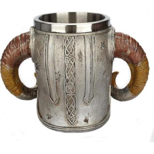 Creative skull Knight sheep horn resin cup Stainless steel drinking cup office water cup