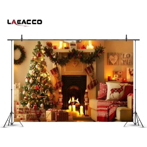 Laeacco Christmas Tree Fireplace Gift Interior Scenic Photography Backgrounds Customized Photographic Backdrops For Photo Studio