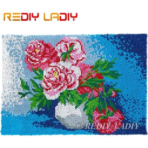 Latch Hook Kits Red Rose Vase Chunky Yarn Embroidery Crocheting Tapestry Kits Needlework Arts & Crafts DIY Carpet Rug 85*58cm