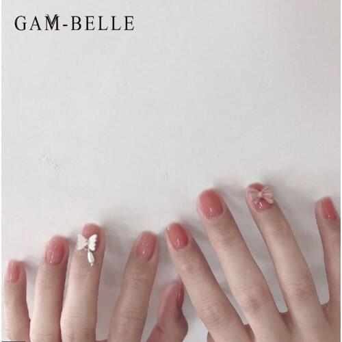 GAM-BELLE French Glossy Jelly Nude False Nails 3D Butterfly Bow Full Cover Fake Press On Nails Glue DIY Manicure Nail Art Tools