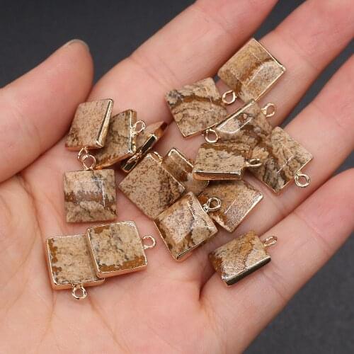 Natural stone Square shape Picture Stone Semi-precious Pendant Charms For jewelry making DIY necklace and earring accessories