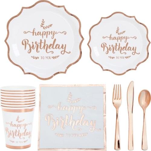 Rose Gold Happy Birthday Disposable Tableware Paper Plates Cups Napkin Happy Birthday Party Decoration Supplies