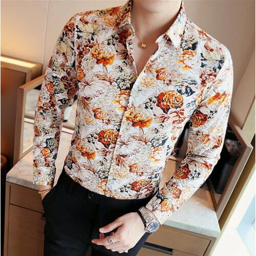 Men Autumn Flower Shirt Fashion Slim Male Tops Spring Camisa S M L XL XXL XXXL