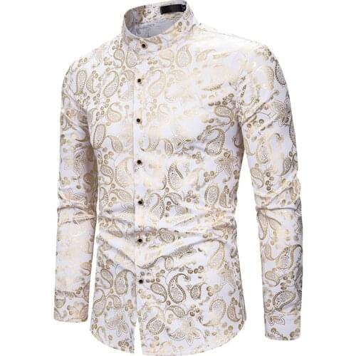 Gold New Style Paisley Mandarin Collar Shirt Men Brand Slim Fit Long Sleeve Mens Dress Shirts Business Wedding Groom Men Shirt