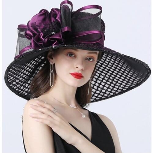 Lady Fascinators Party Wedding Hat Wide Brim Fedora Kentucky Derby Headpiece Church Organza Bucket Hat Beach Big Size Sun Cap