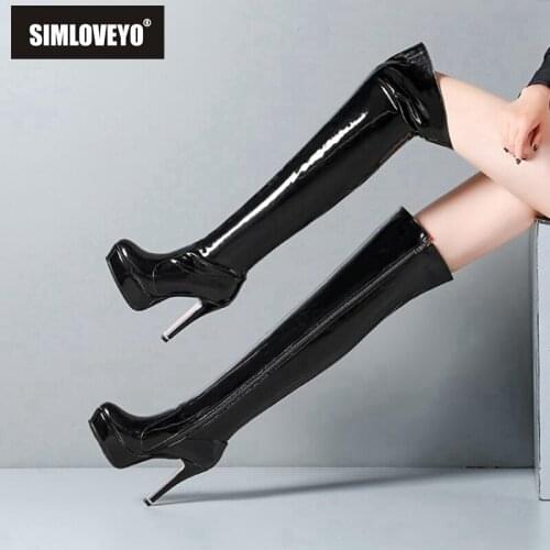 SIMLOVEYO Autumn Motorcycle Over-the-Knee boots Round toe Thin heel Patent Zipper Big size 34-48 Red Black Club Casual B2053