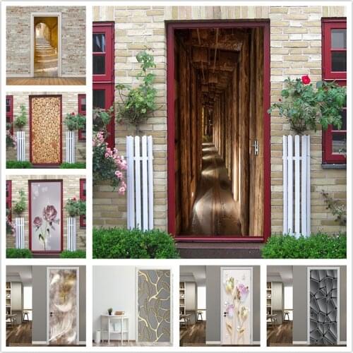 2PCS/SET 3D View Door Wallpaper DIY Vinyl Self-adhesive Waterproof Posters Wall Sticker Art Mural Decals Home Decor deurposter