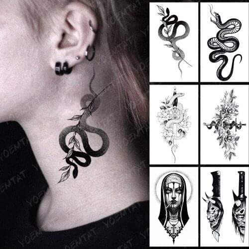 Waterproof Temporary Tattoo Sticker Dark Old School Flash Tatoo Snake Plant Leaves Arm Wrist Fake Tatto For Body Art Women Men