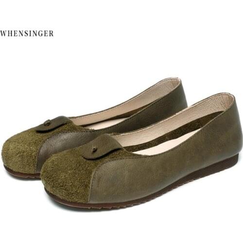 Whensinger - Women Flat Shoes loafers Genuine Leather green Suede Splice Casual Flats Shoe