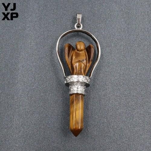 YJXP Silver Plated Scepter Natural Tiger Eye Stone Crystal Hexagon Guardian Angel Stone Healing Point Sceptre Pendant Jewelry