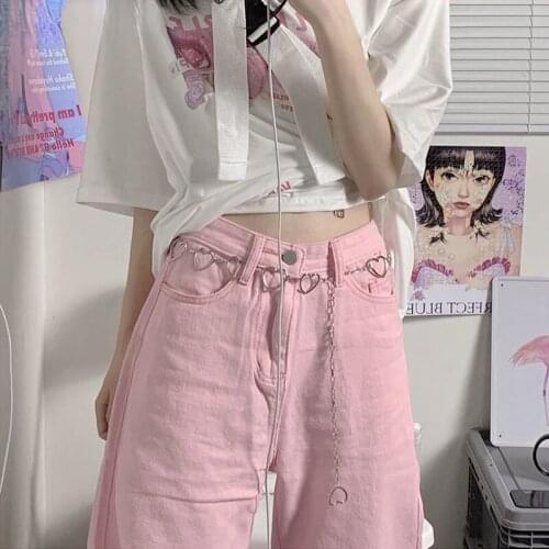 2021 Wide Leg New Jeans Women Denim Pink Loose High Waist Heart Chain All-match Fashion Kawaii Summer Thin Casual Cute Leisure