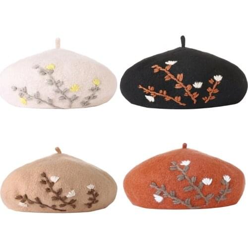 Japanese Style Women Sweet Girls Winter Warm Faux Wool Beret Hat Floral Leaves Embroidery Solid Color Vintage Artist