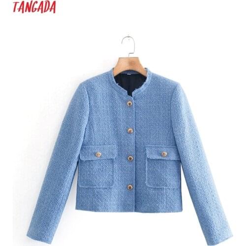 Tangada Women Blue Tweed Crop Blazer Coat Vintage Pocket 2021 Fashion Female Casual Chic Tops XN73