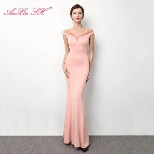 AnXin SH vintage pink satin mermaid evening dress sexy v neck beading crystal blue sleeveless trumpet black evening dress 8050