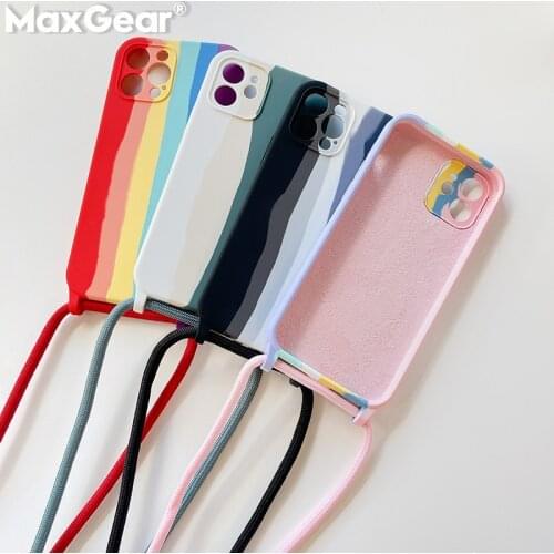 Liquid Silicone Colorful Rainbow Case For iPhone 11 12 Pro Max Mini XS X XR 7 8 Plus SE 2020 Crossbody Lanyard Strap Hang Cover