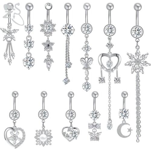 ZS 15 Style Sexy Dangling Navel Belly Button Ring 14g CZ Crystal Pendant Belly Rings 316L Stainless Steel Belly Piercing Jewelry