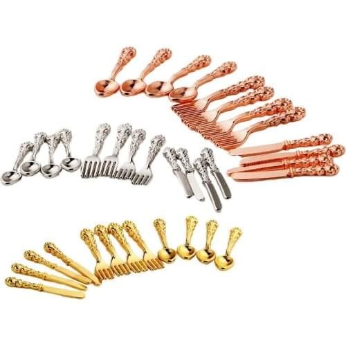 12Pcs/Set Mini Vintage Dollhouse Miniatures Tableware Fork Gold Toy House Cutler Childrens Knife Mini Cutlery Si Spoon N0H1 Q6O9