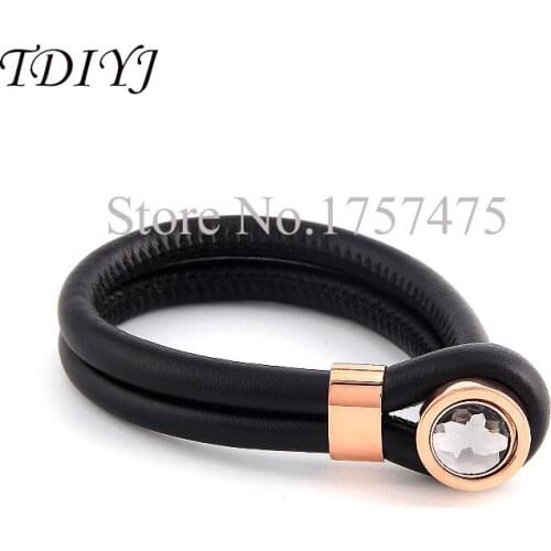 TDIYJ Hot Sale 2Pcs My Coin European Style Black Genuine Leather Bracelets with Gray Dome Glass Beads for Women Jewelry
