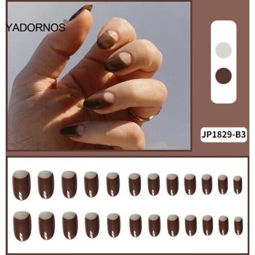 24pcs nail tips Dark Brown Nail Patch Round Head Glue Type Removable Mid Length Paragraph Fashion Manicure False Nail
