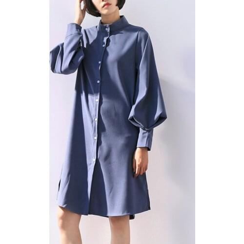 White Shirt Dress Women Long Lantern Sleeve Stand Collar Casual Dress Long Shirt Female Loose Sexy Office Ladies Clothing DD2349