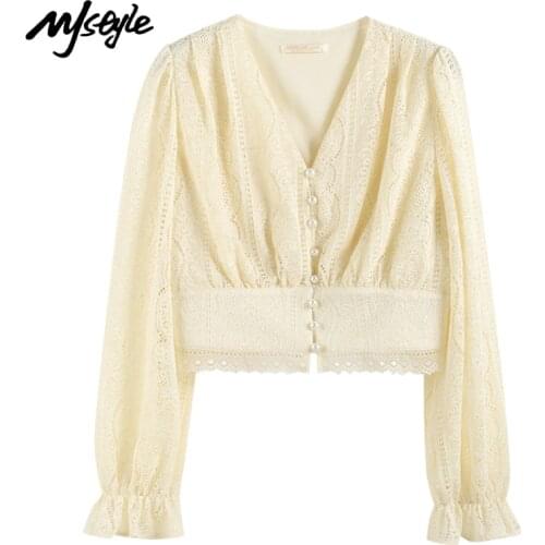 MJstyle 2021 Spring French Style Fashion V-neck Blouse Women, Long Sleeve Shirt Women, Women Shirts Blouses Tops 521310019