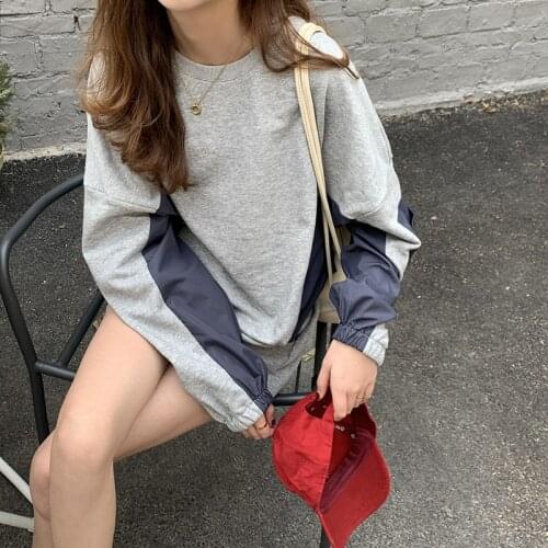 Bornsra Stitching Contrast Color Casual Suit Women 2021 Spring Korean Version Long-sleeved Sweater Short Pant Two-piece #Z89987