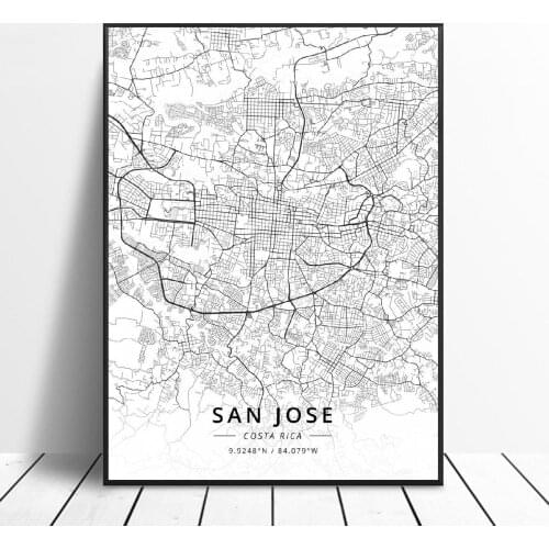 Black and White San Jose Costa Rica Latitude Longitude Canvas Art Map Poster