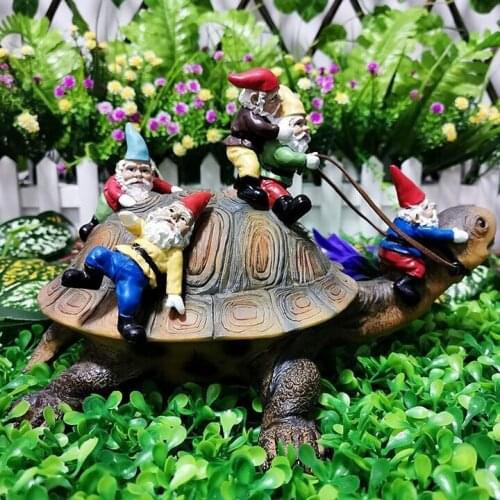 Garden Statue Multiple Dwarves Riding Turtle Outdoor Tortoise Figurine Decor With Succulent Led Light Jardin Yard Sculptures#g3
